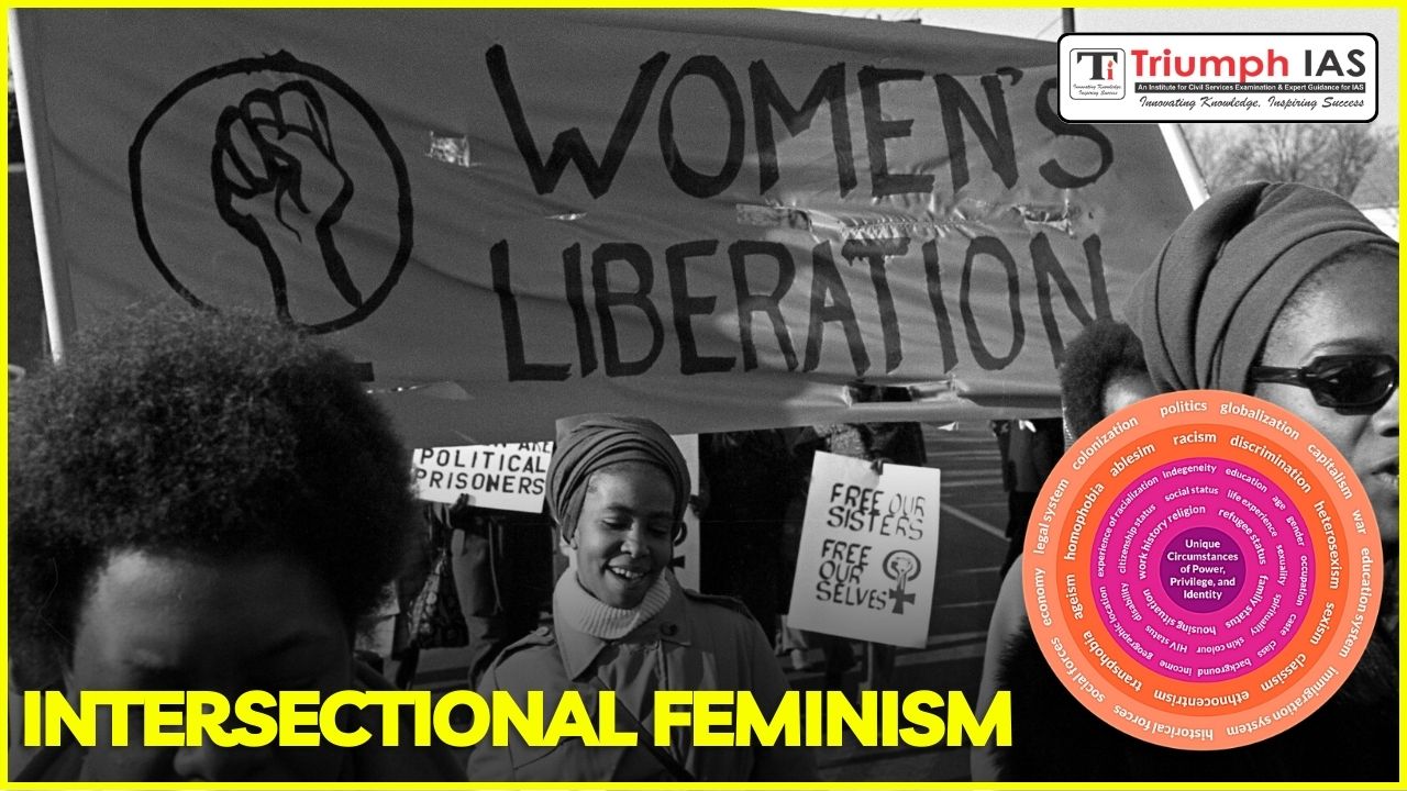 A futuristic graphic showing interconnected nodes of oppression, symbolizing the complexity of intersectional feminism.